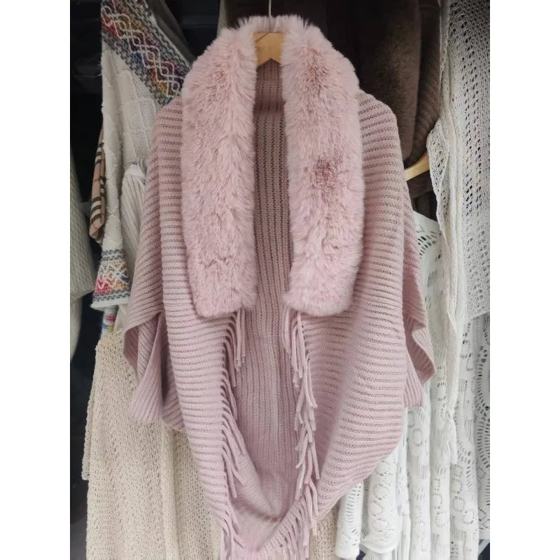 New winter shawl cloak jacket for women, fashionable and luxurious, paired with loose autumn fur collar knitted cardigan