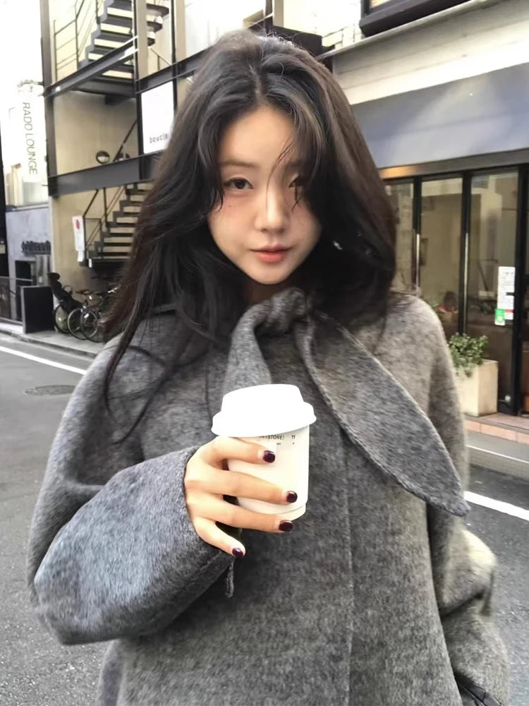 Chic Winter Woolen Coat Women's Loose Fit Long Sve Hooded  Knot Netie Gentle Sweet Sle Commute Korean Version