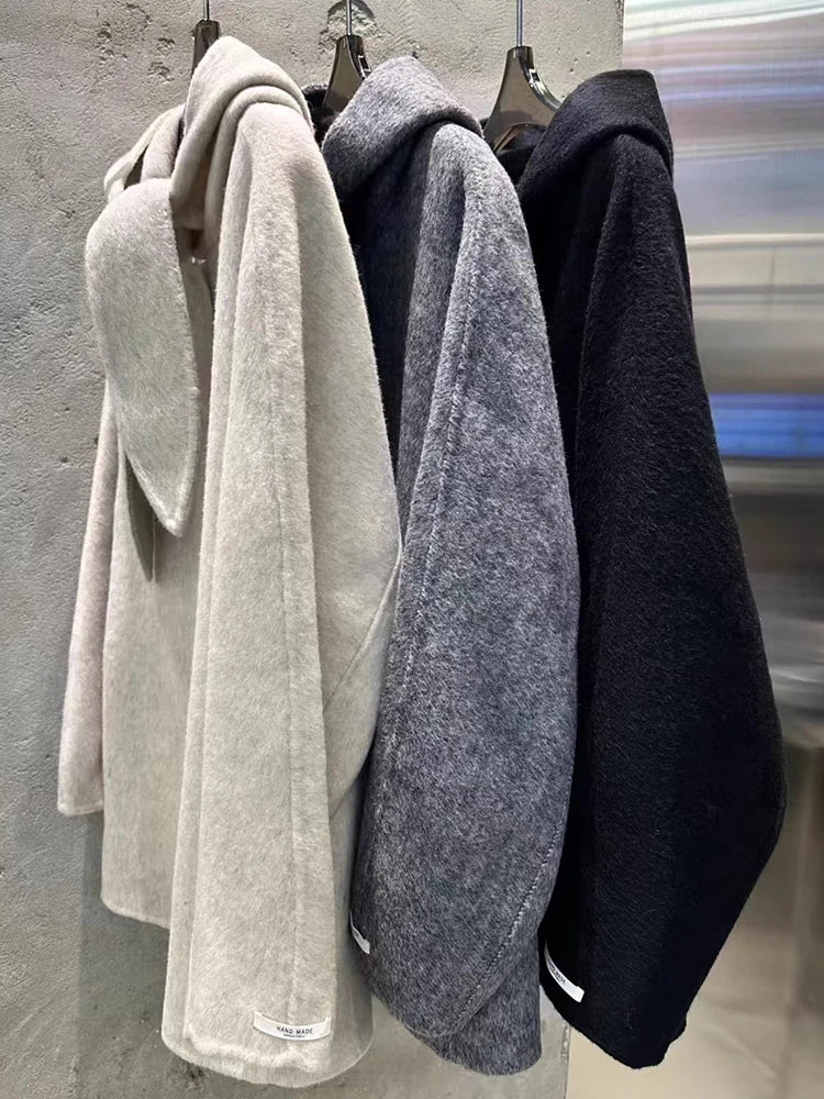 Chic Winter Woolen Coat Women's Loose Fit Long Sve Hooded  Knot Netie Gentle Sweet Sle Commute Korean Version