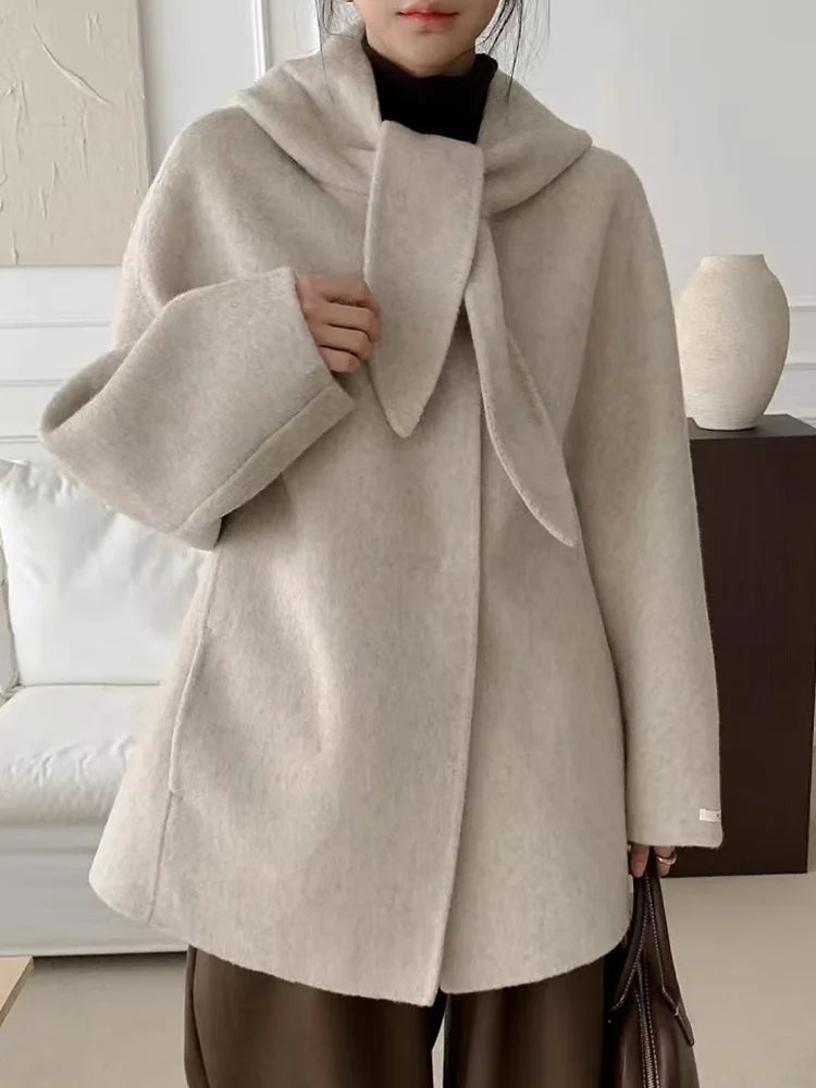 Chic Winter Woolen Coat Women's Loose Fit Long Sve Hooded  Knot Netie Gentle Sweet Sle Commute Korean Version