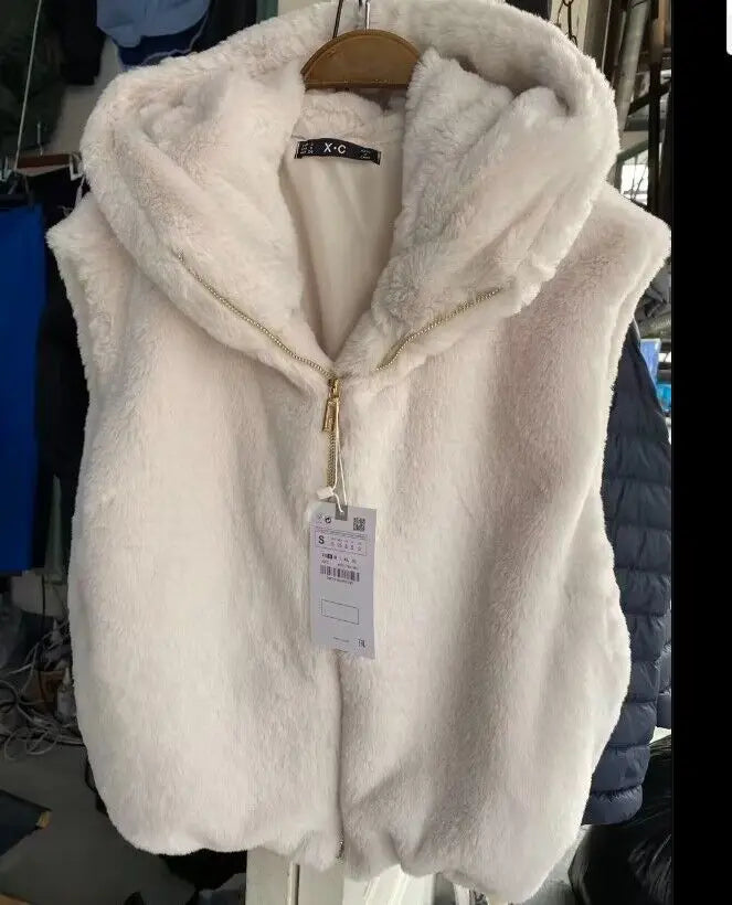 Autumn Winter New Loose Women's Zipper Hooded Furry Vest Anti-Aging Svel Top Pure Color Versatile Sle Faionable
