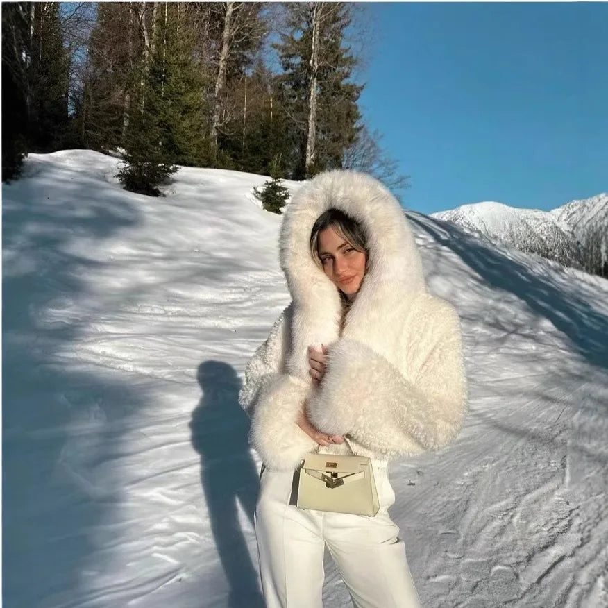 Winter Ultra Thick Off-White Hooded Short Eco-Friendly Fur Coat Ins Blogger Same Style Winter
