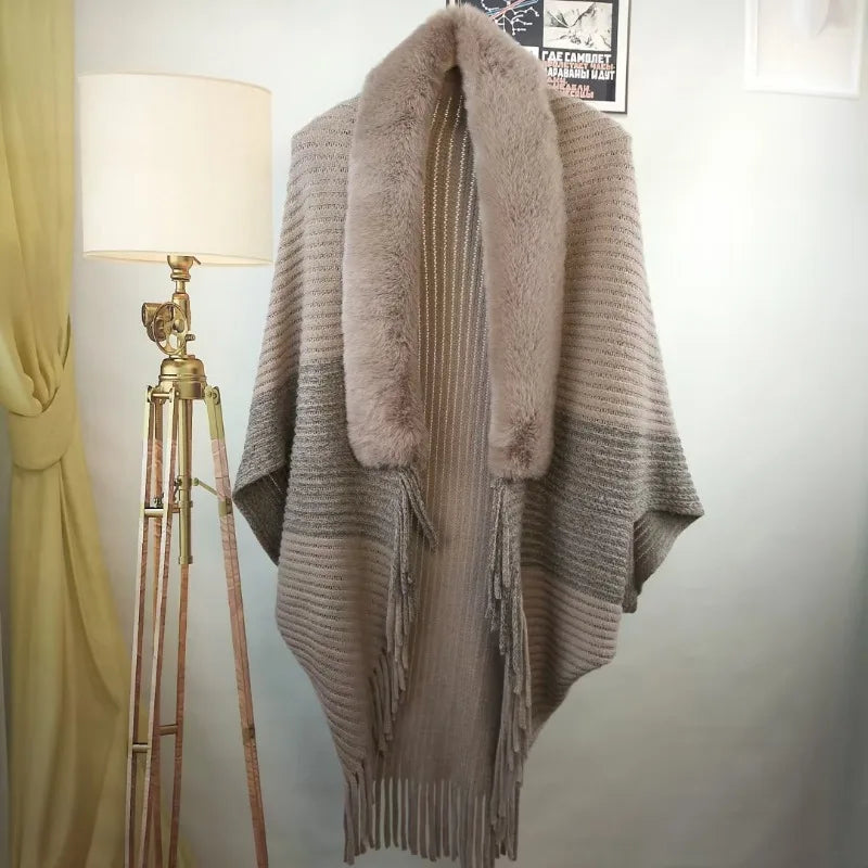 New winter shawl cloak jacket for women, fashionable and luxurious, paired with loose autumn fur collar knitted cardigan
