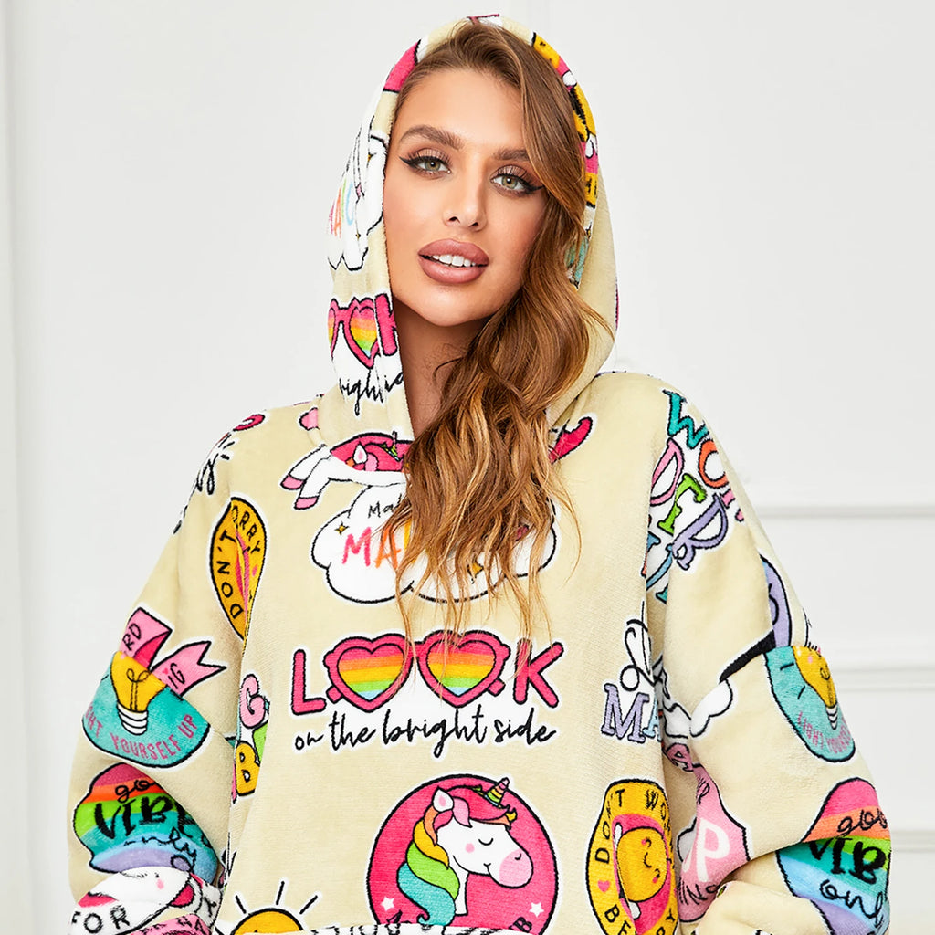 Autumn and winter models printed lazy clothes hooded pullover large size sweater outdoor cold weather clothing can be worn blank