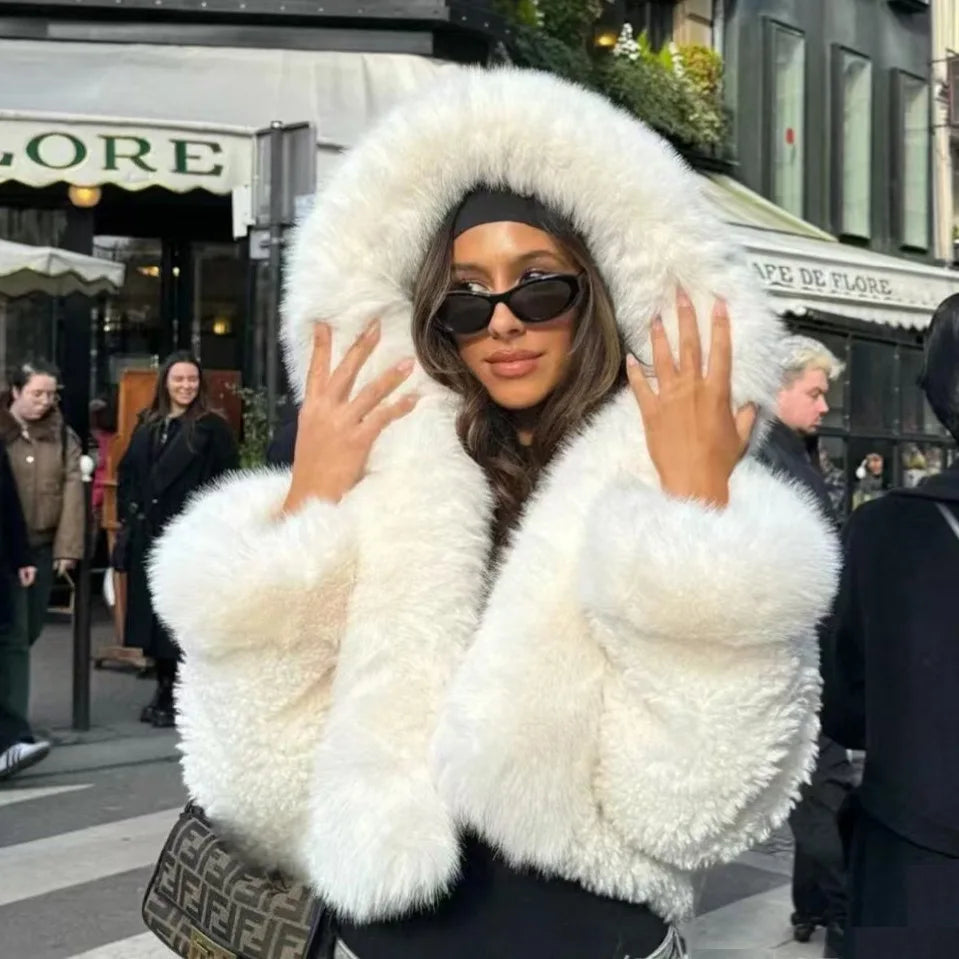 Winter Ultra Thick Off-White Hooded Short Eco-Friendly Fur Coat Ins Blogger Same Style Winter