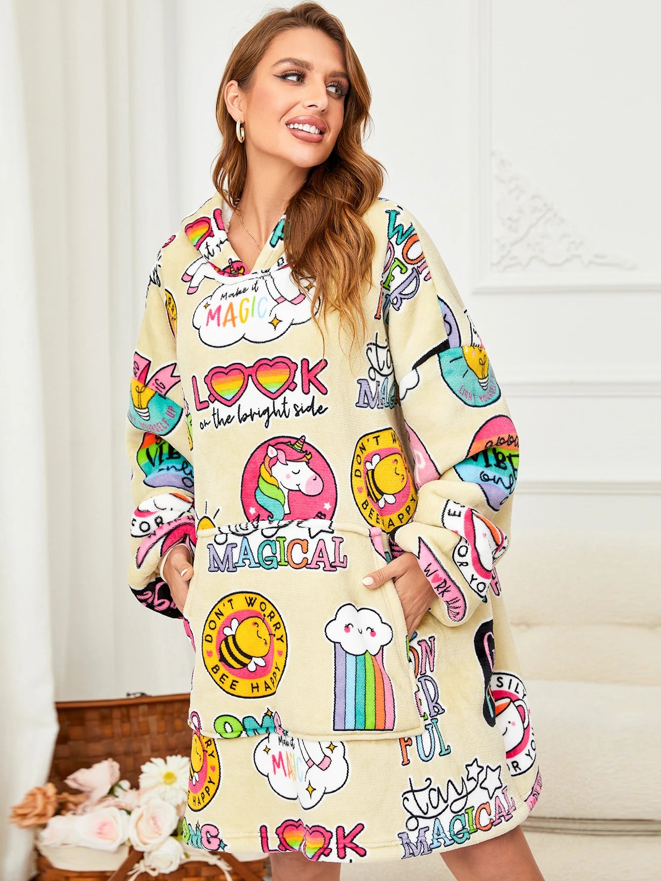 Autumn and winter models printed lazy clothes hooded pullover large size sweater outdoor cold weather clothing can be worn blank