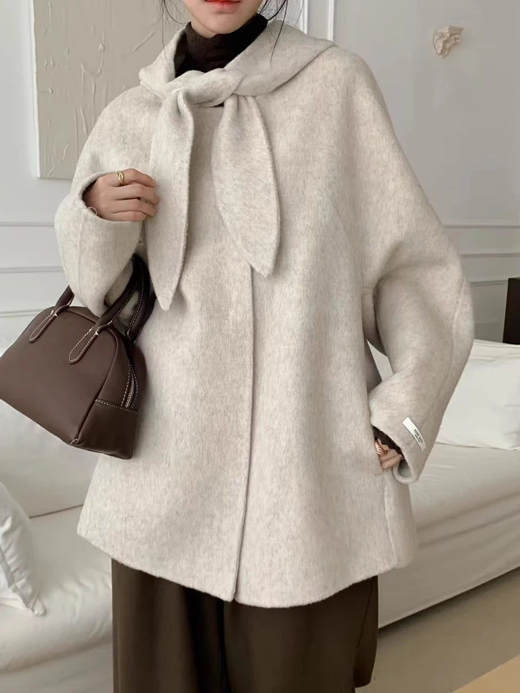 Chic Winter Woolen Coat Women's Loose Fit Long Sve Hooded  Knot Netie Gentle Sweet Sle Commute Korean Version