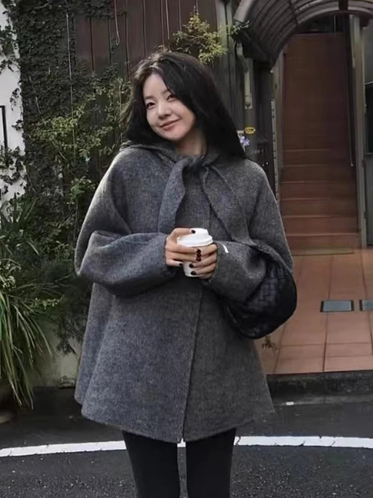 Chic Winter Woolen Coat Women's Loose Fit Long Sve Hooded  Knot Netie Gentle Sweet Sle Commute Korean Version