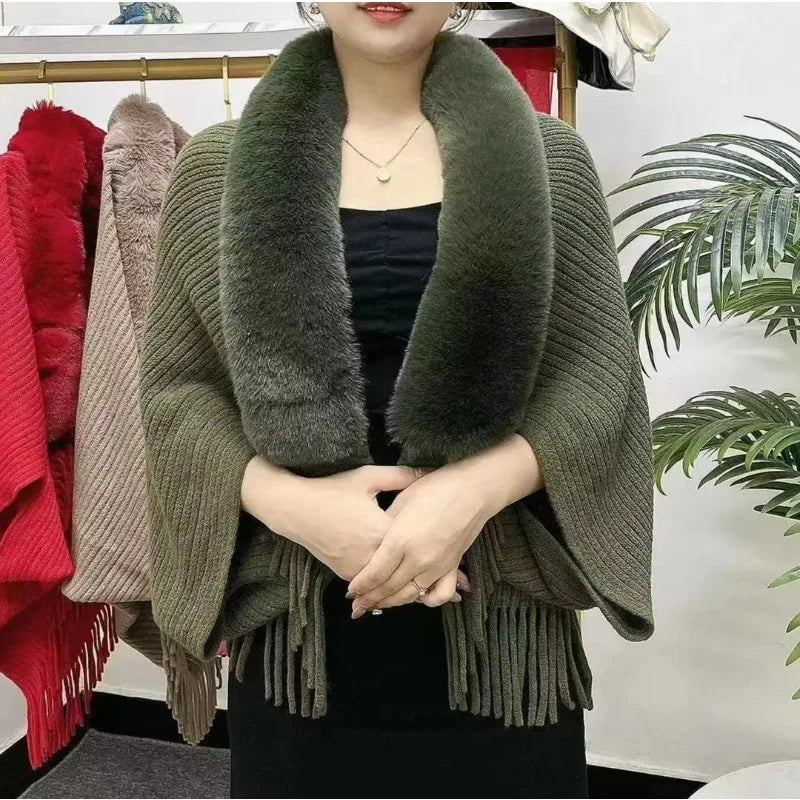 New winter shawl cloak jacket for women, fashionable and luxurious, paired with loose autumn fur collar knitted cardigan