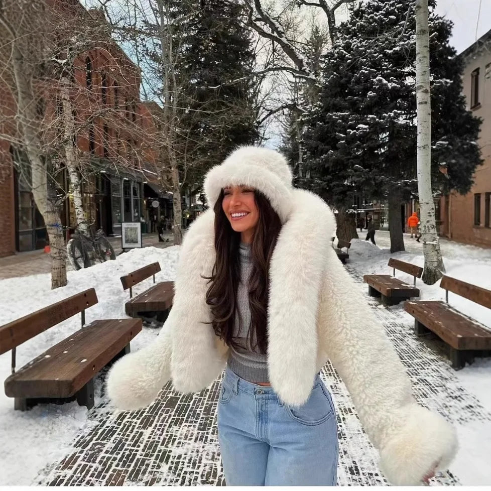 Winter Ultra Thick Off-White Hooded Short Eco-Friendly Fur Coat Ins Blogger Same Style Winter