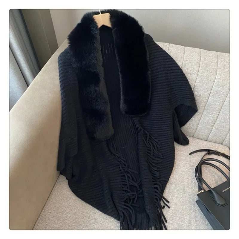 New winter shawl cloak jacket for women, fashionable and luxurious, paired with loose autumn fur collar knitted cardigan