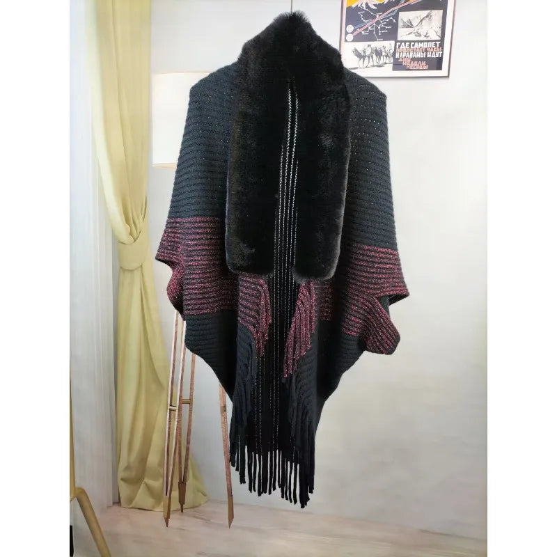 New winter shawl cloak jacket for women, fashionable and luxurious, paired with loose autumn fur collar knitted cardigan
