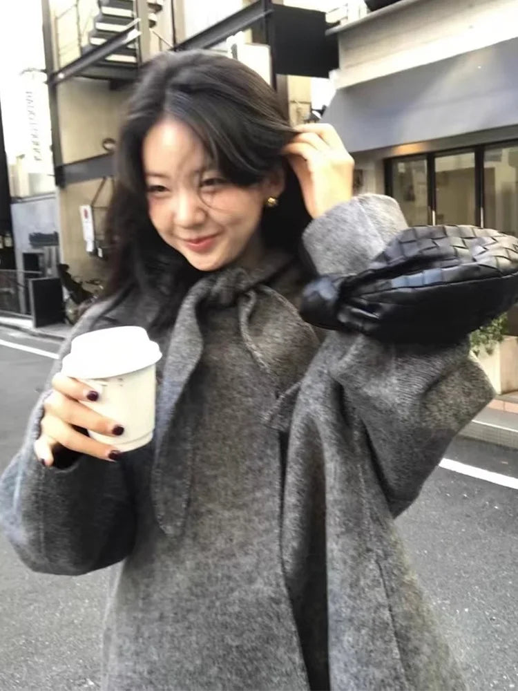 Chic Winter Woolen Coat Women's Loose Fit Long Sve Hooded  Knot Netie Gentle Sweet Sle Commute Korean Version